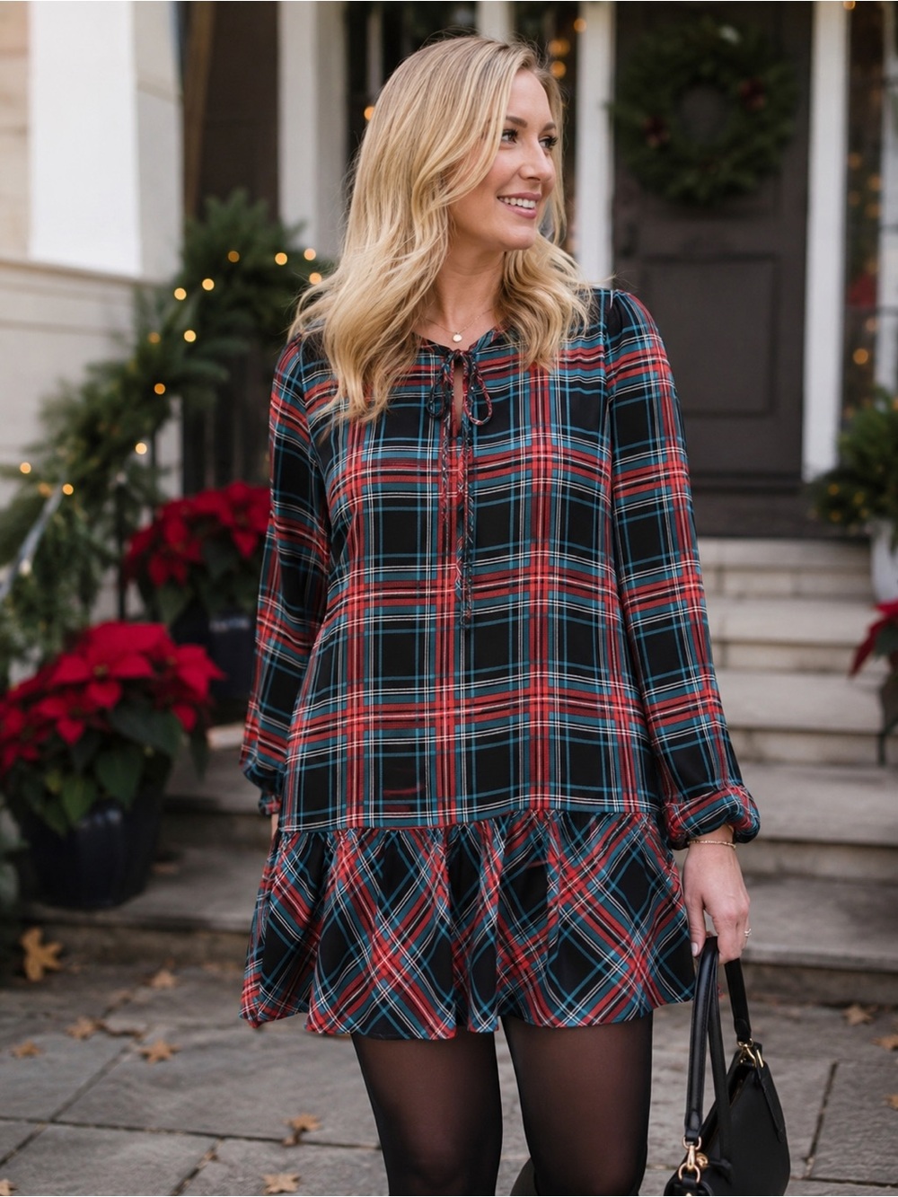 Draper James XXL Plaid Ruffle Hem Tie Neck Shift Dress Holiday Christmas Preppy
